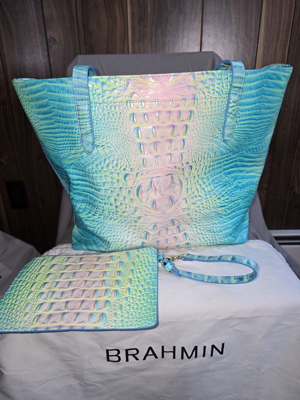 Brahmin Turquoise Multi Croc-Embossed Tote with Wristlet - Picture 2 of 5